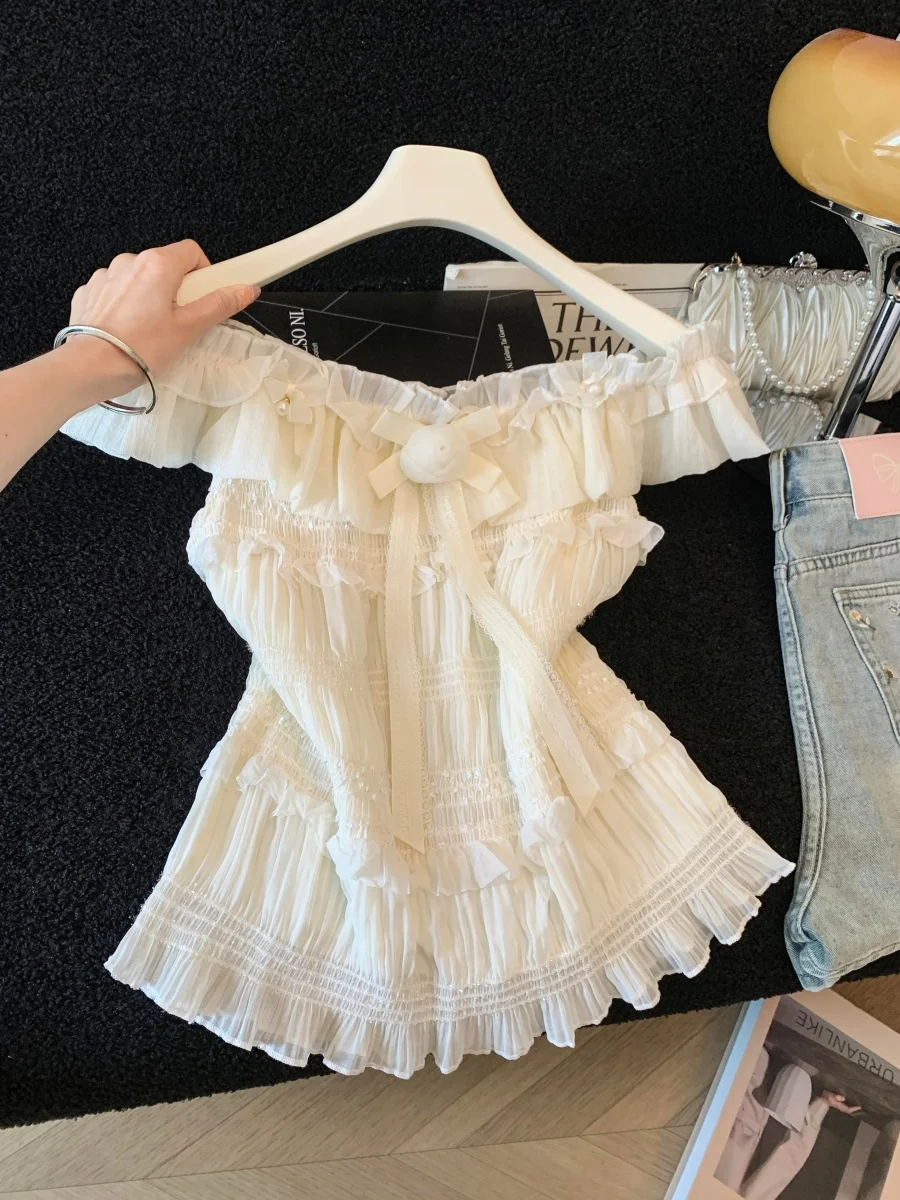 

Sweet Style Slim Fit Shoulder Bared Chiffon Shirt Women's New Summer Elegant Lace Collar Flounce Hem Wood Grain Top