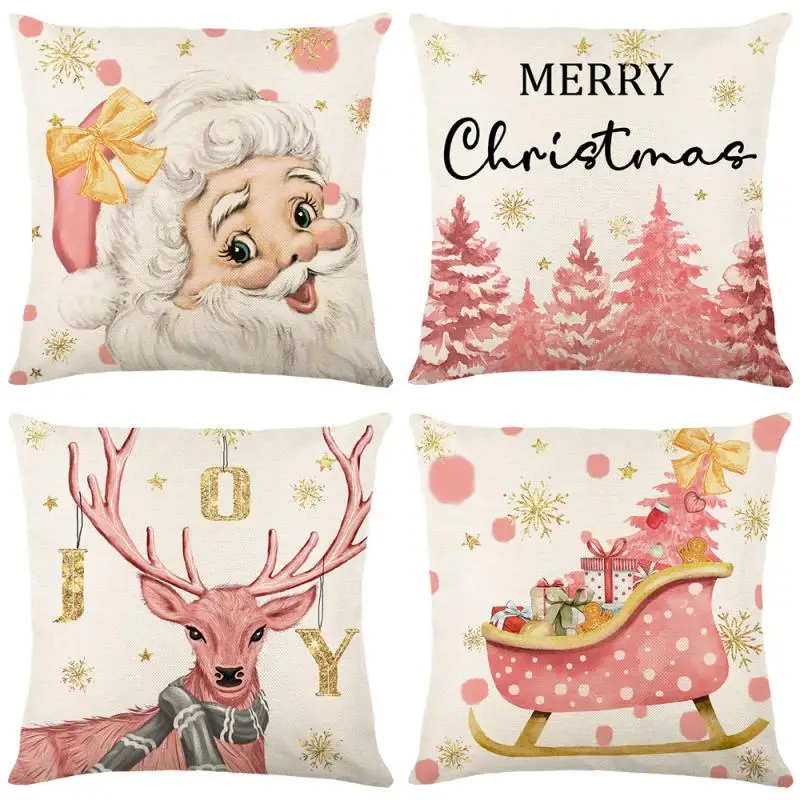 

Pink Deer Christmas Throw Pillow Cover Linen Letter Printing Holiday Decoration Living Room Sofa Cushion Cover Pillow Cover