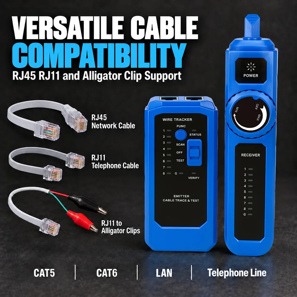 Tester do lokalizowania kabli sieciowych RJ45 RJ11, cyfrowy lokalizator przewodów, lokalizator linii telefonicznych LAN, CAT5, CAT6, ochrona przed przepięciami PoE. — zdjęcie produktu 6