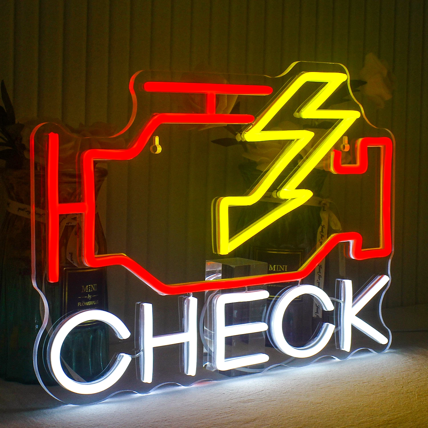 Check Engine Neon Signs for Man Cave Auto Room Repair Shop Workshop Neon Wall Light 5V Dimmable Switch with Hanging Chain Hooks