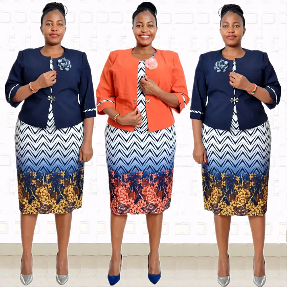 2022 Winter New Hot Sale African Style Plus Size High Quality Solid Color Coat And Printed Dress Suits Two Piece Set For Women