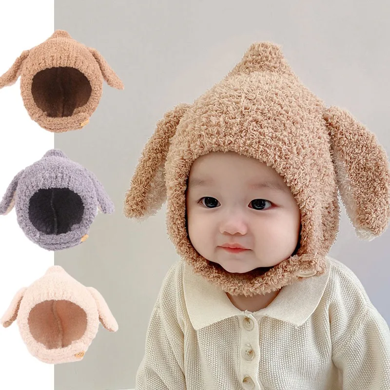 Baby hat fall and winter warm Korean version of the cute plush cap baby hat super cute dog ears knitted cap