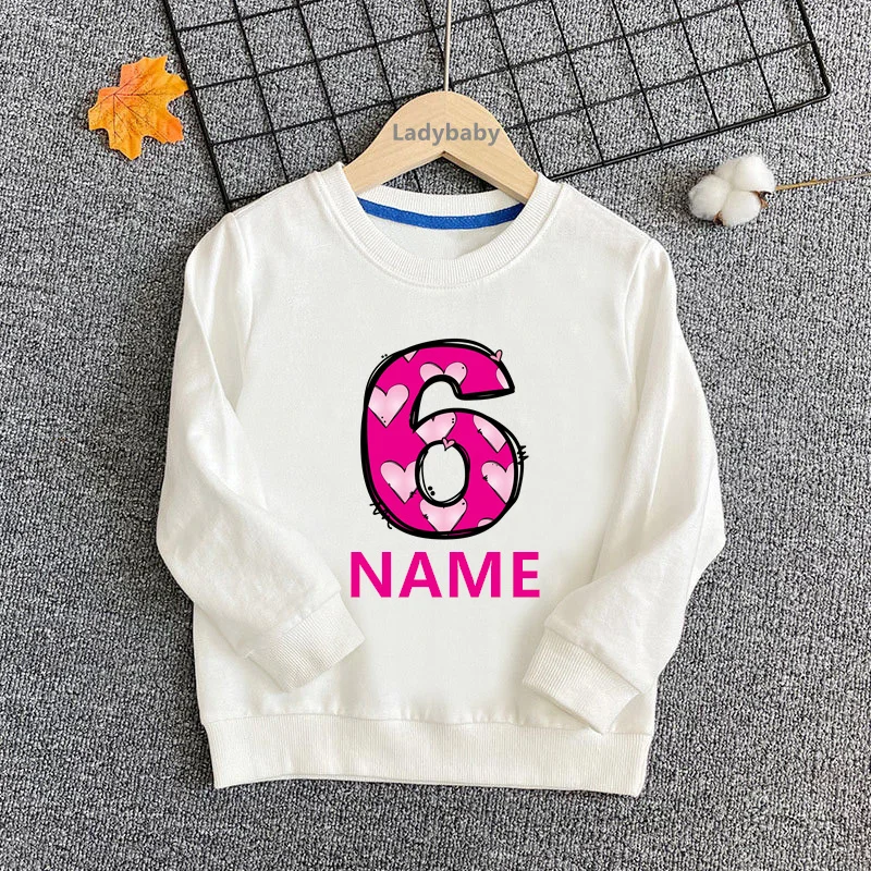 Pink Heart Cute Girls Sweatshirts 1 2 3 4 5 6 7 8 9 Years Birthday Customize Name Kids Hoodies Baby Pullover Tops Clothes Gift