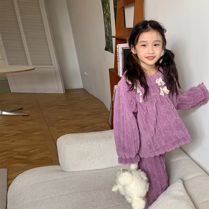 Girl Suit 2023 New Autumn Winter Fashion Style Double Faced Pile Pajama Set Baby Girl Solid Fleece Thick Leisure Wear Sleepwear