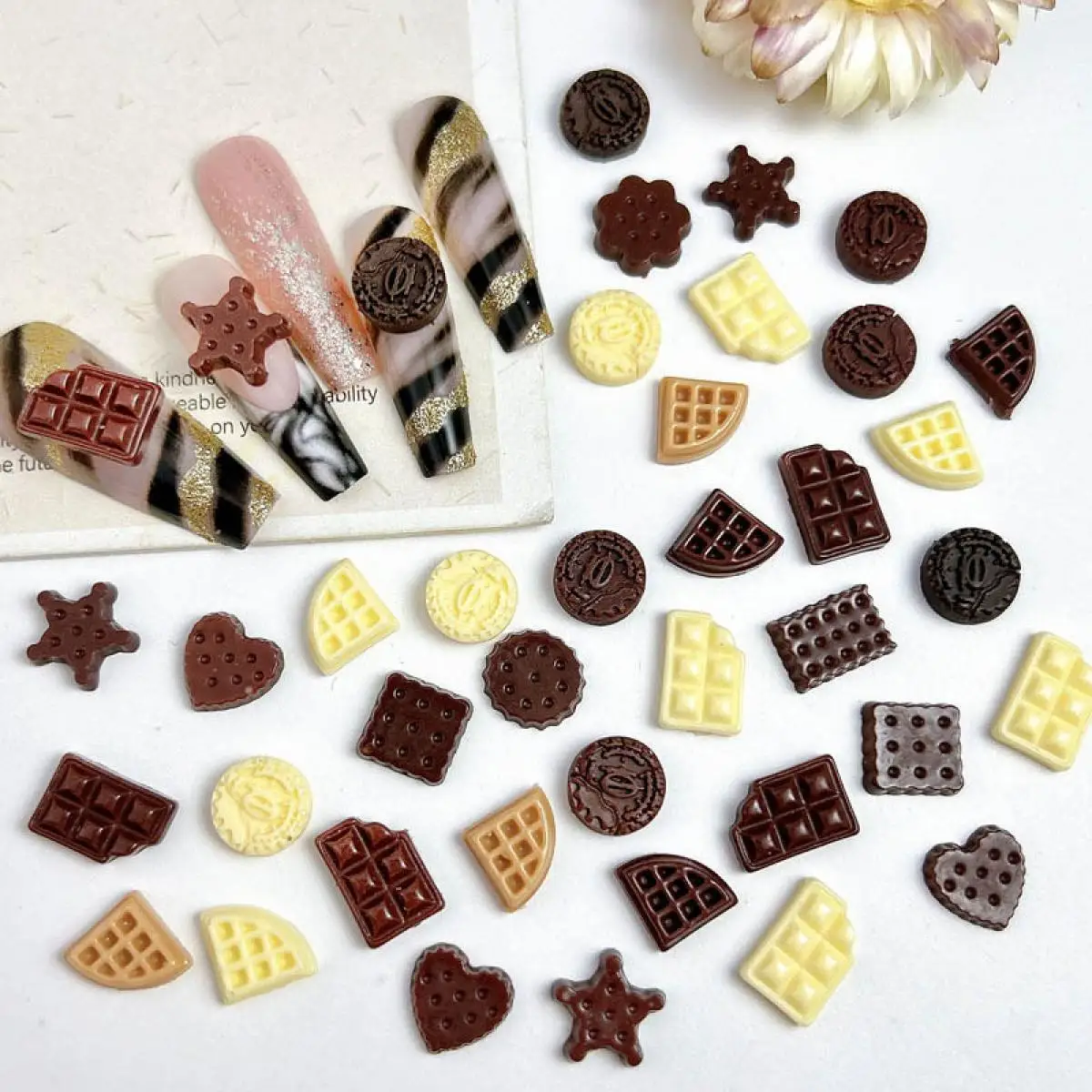 60PCS Resin Simulated Dark Chocolate Nail Charm 3D Cute Cartoon Mixed Biscuit Nail Art Decoration Accessories for Manicure DIY