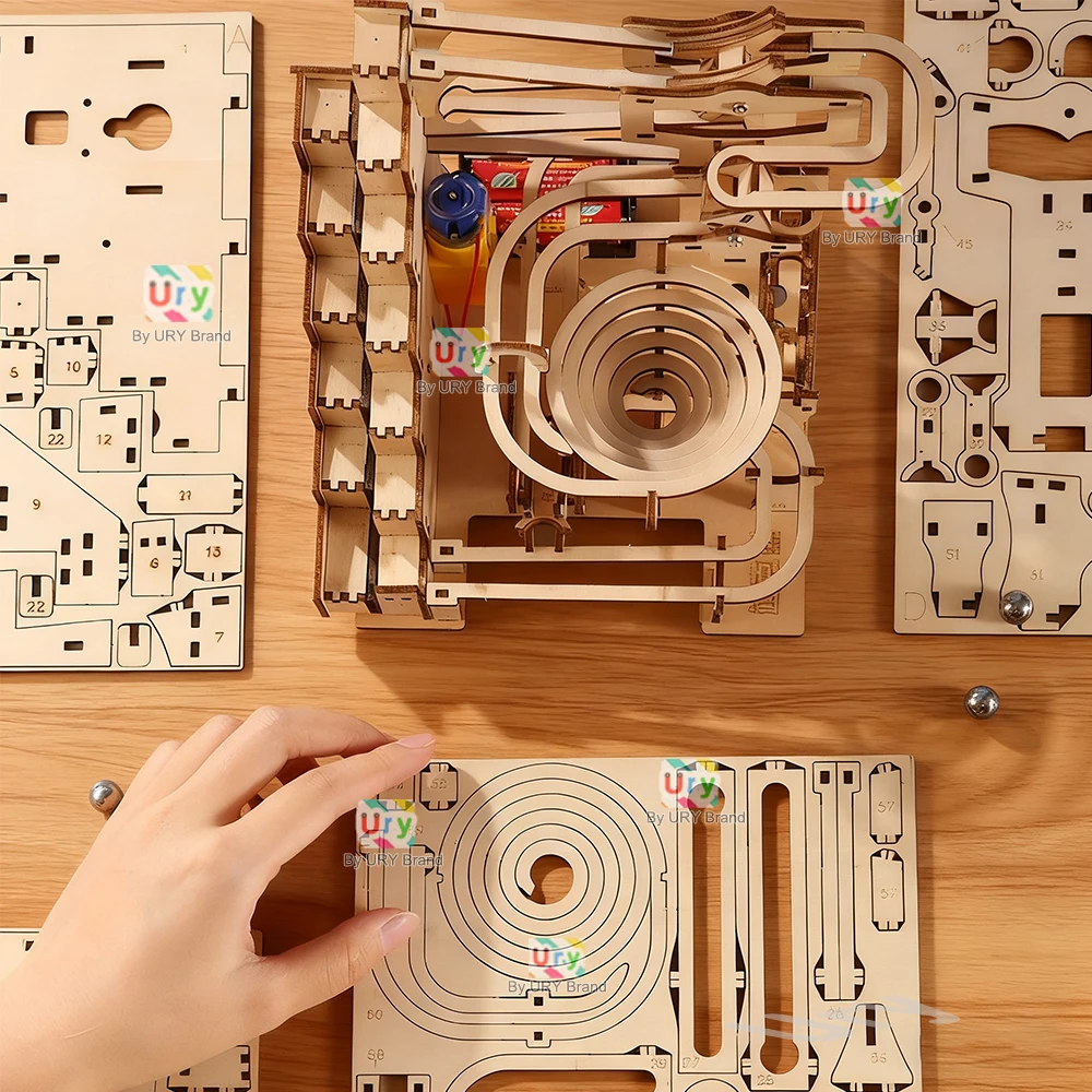Ury 3D Wooden Puzzles Electric Staircase Track Device Marble Run Set Mechanical Model Science Maze 6 Balls Assembly Gift for Kid
