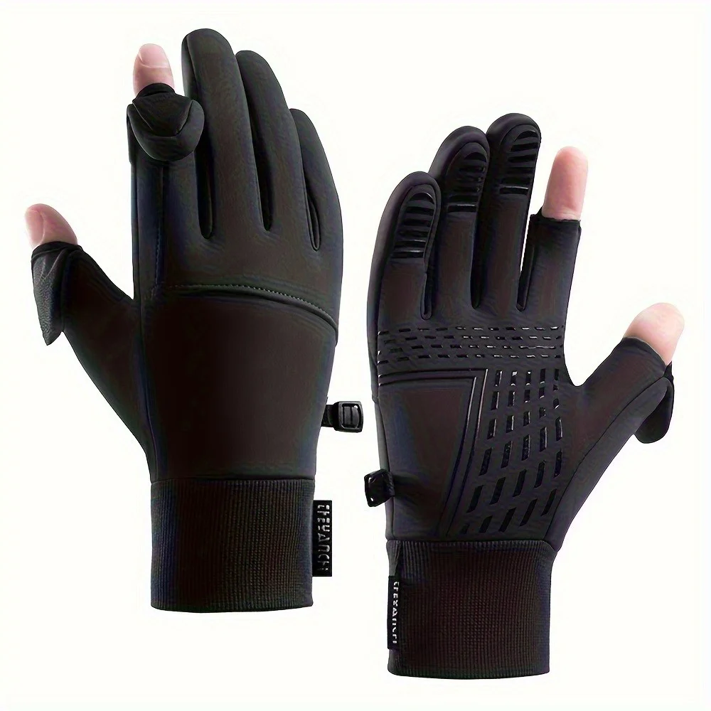 Men's Winter Cold‑Proof Touchscreen Gloves, Windproof Warm Gloves for Outdoor Sports, Running and Cycling, Flip‑Top Two‑Finger Exposed Fishing Gloves