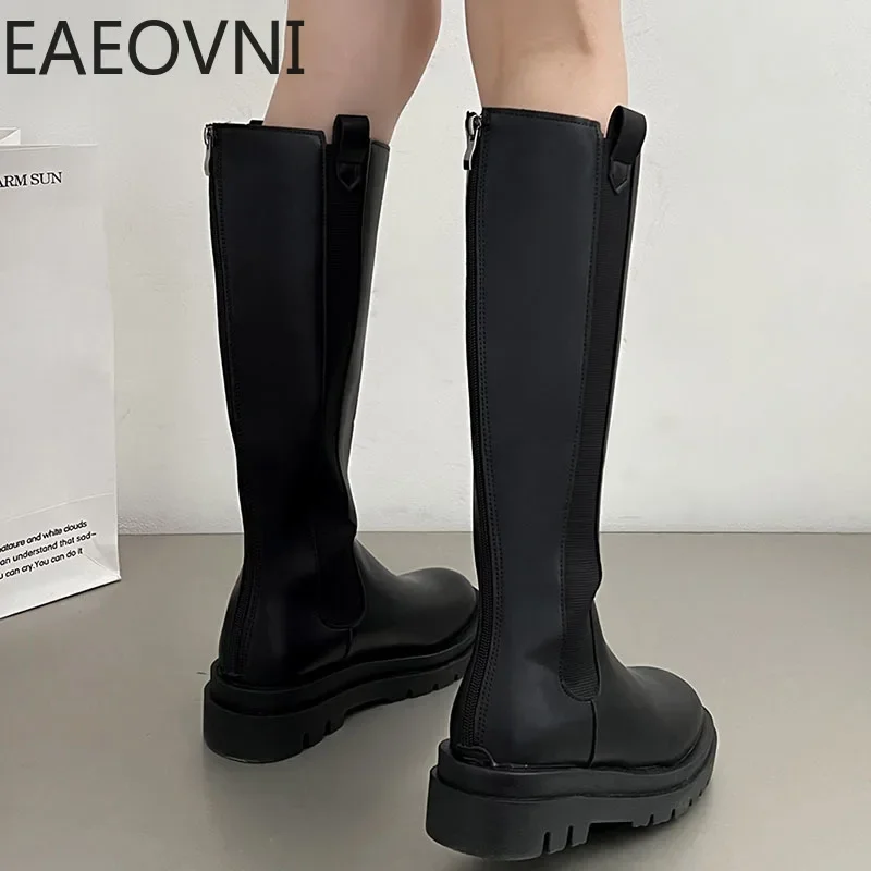 Punk Style Women Knee High Boots Fashion Slip On Thick Heel Shoes Autumn Winter Warm Fur Ladies Knight Long Booties