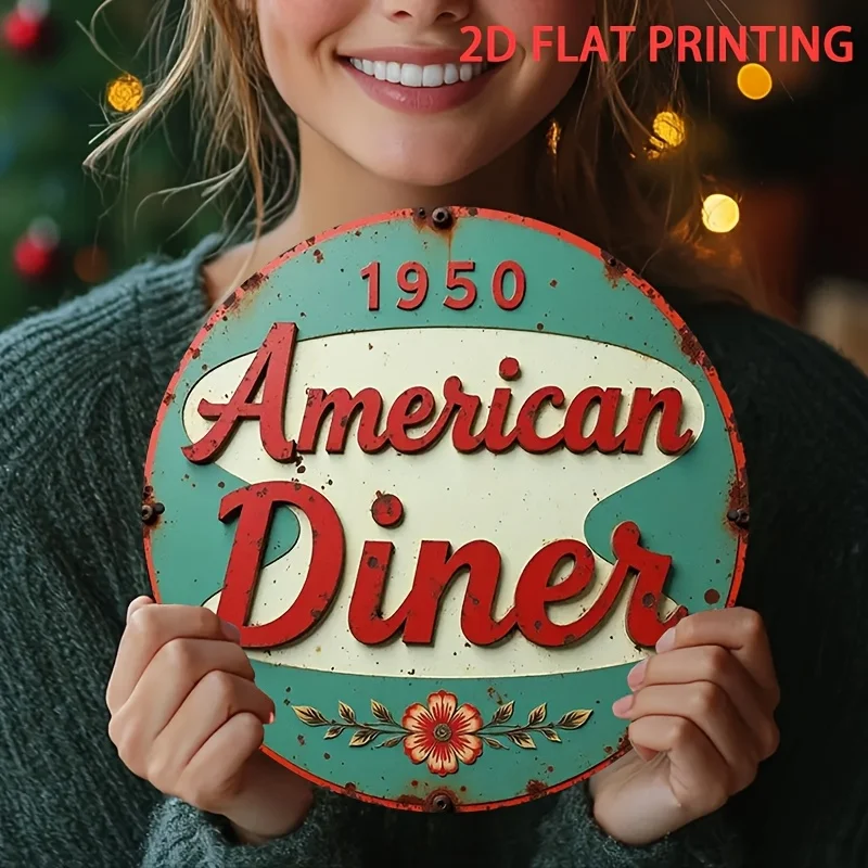 Vintage American Diner 1950 Floral Retro Round Aluminum Metal Sign 20x20cm 2D Flat Cafe Kitchen Wall Decor Gift