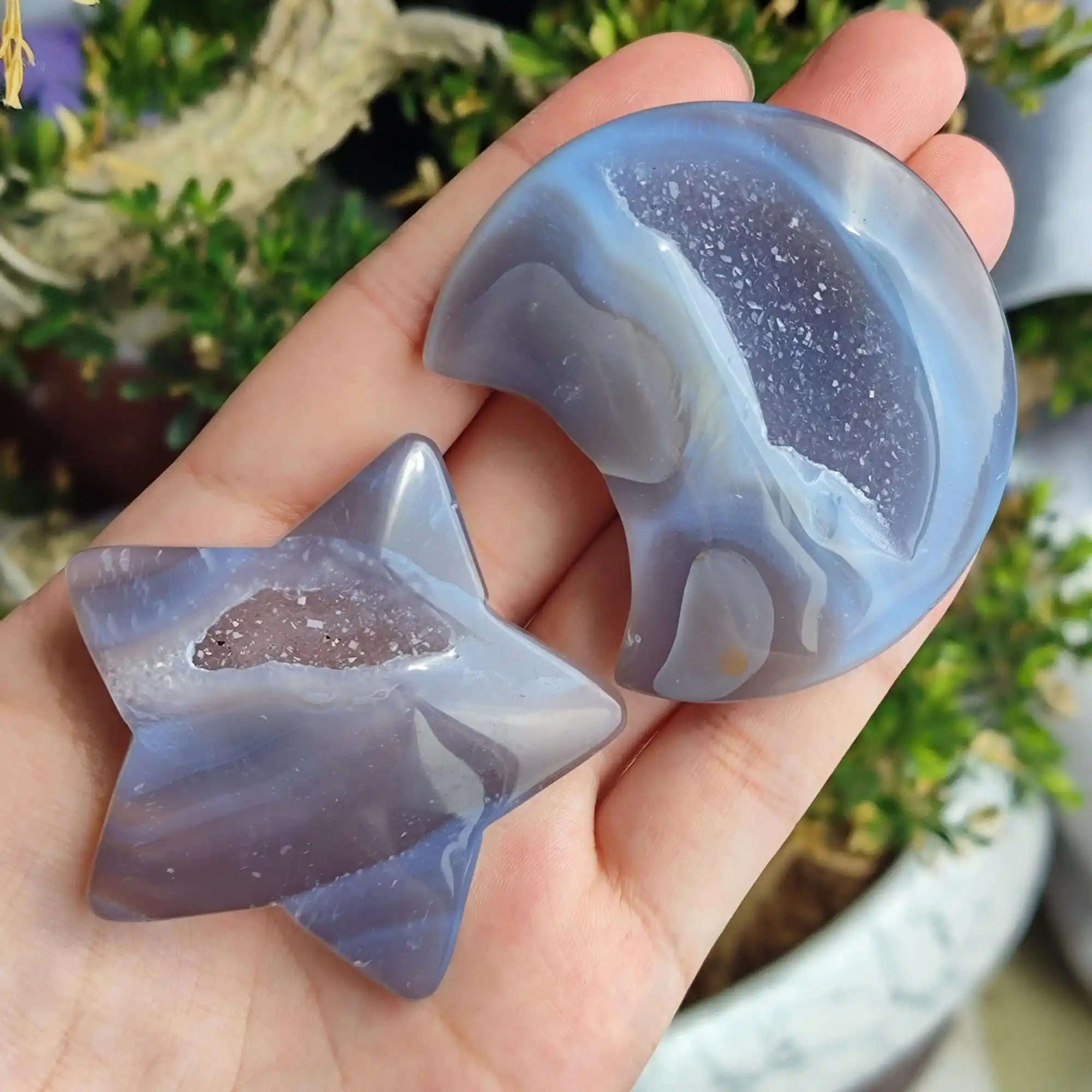 Natural Druzy Agate Moon & Star & Heart, Banded Agate Geode Pocket Stone, Meditation Decor Crystal, Halloween/Christmas Gift.