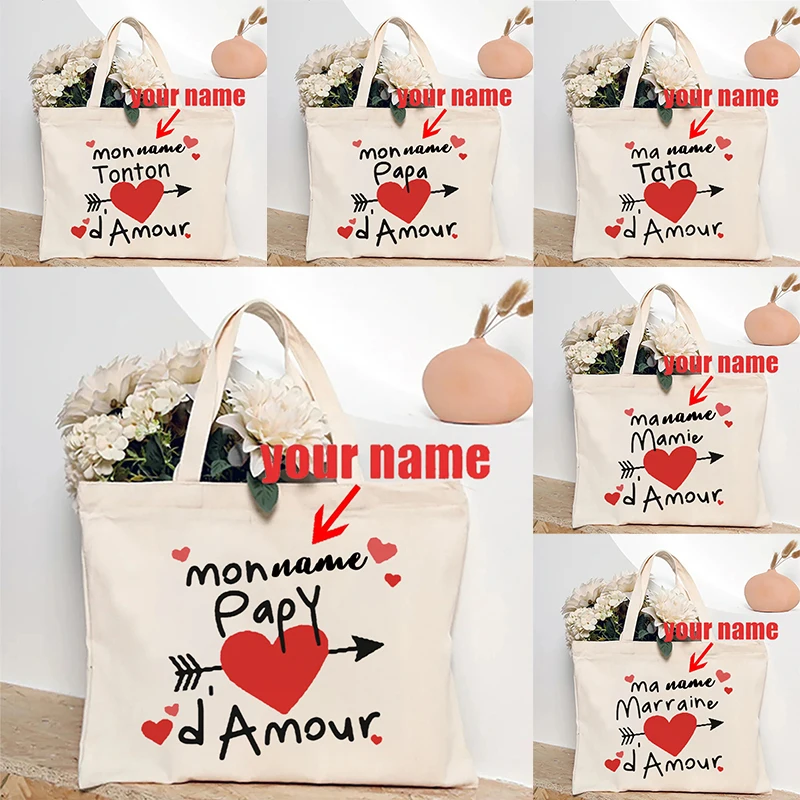 

Mon Papa Tata Maman Parrain D'amour Customized Name Shoulder Bag Travel Storage Tote Bags Large Capacity Handbag Gift for Mamie