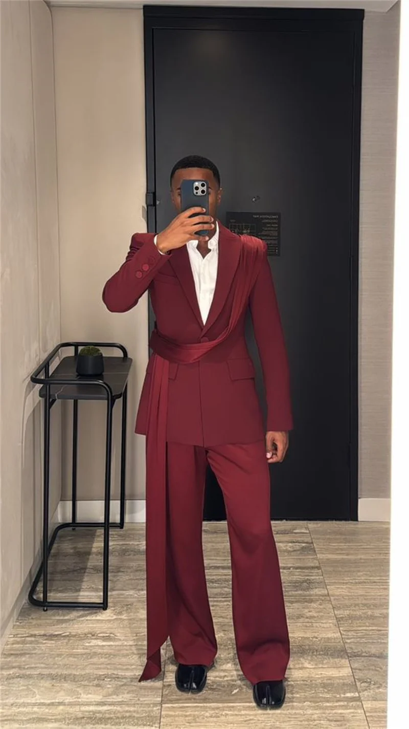 Burgundy Men Suits Set 2 Piece Belt Blazer+Pant Cotton Wedding Tuxedo Customized Formal Office Business Jacket Trousers