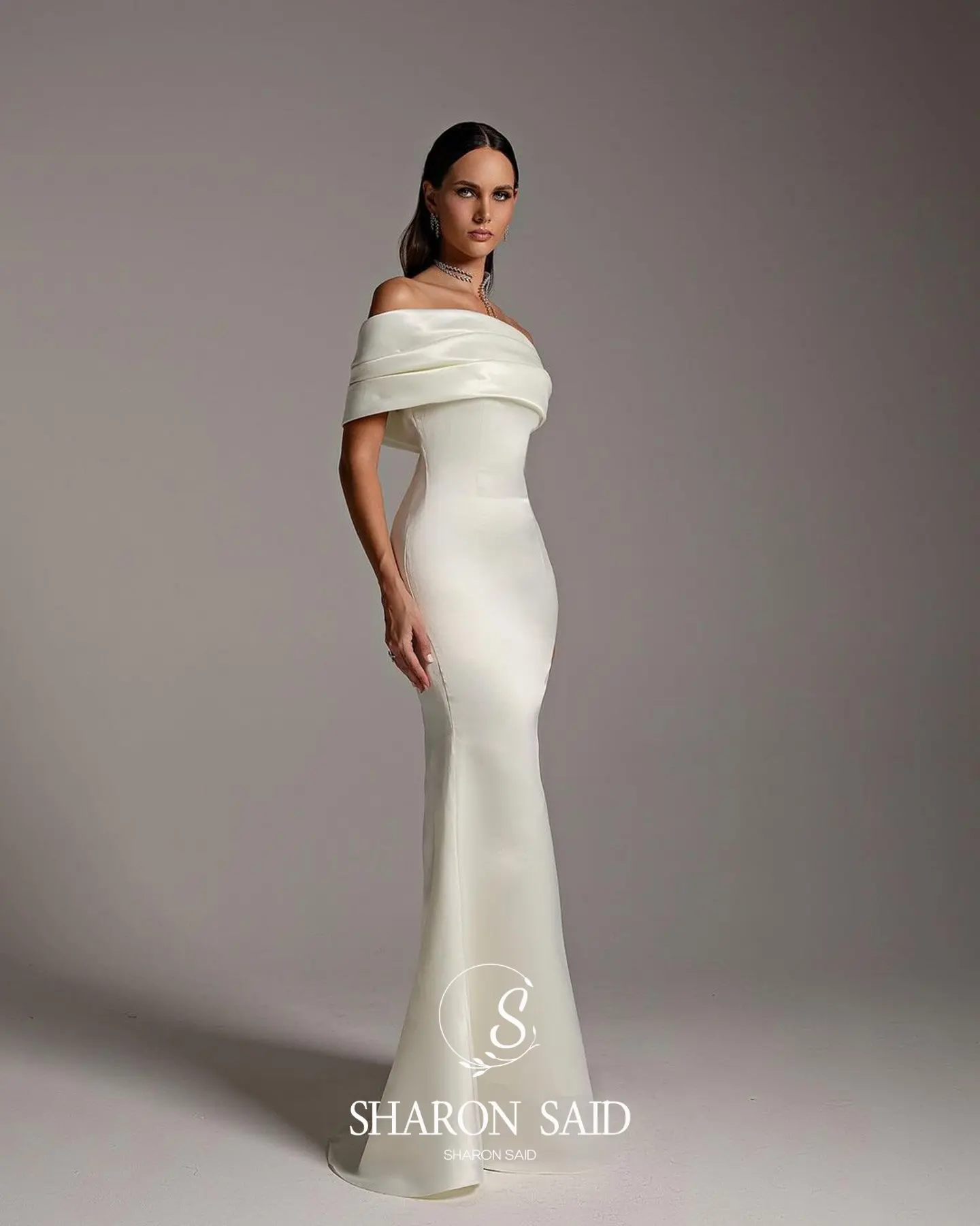 Sharon Said Custom Made Elegant Off Shoulder Begie Dubai Evening Dress with Mermaid Women Wedding Party Gown SF364