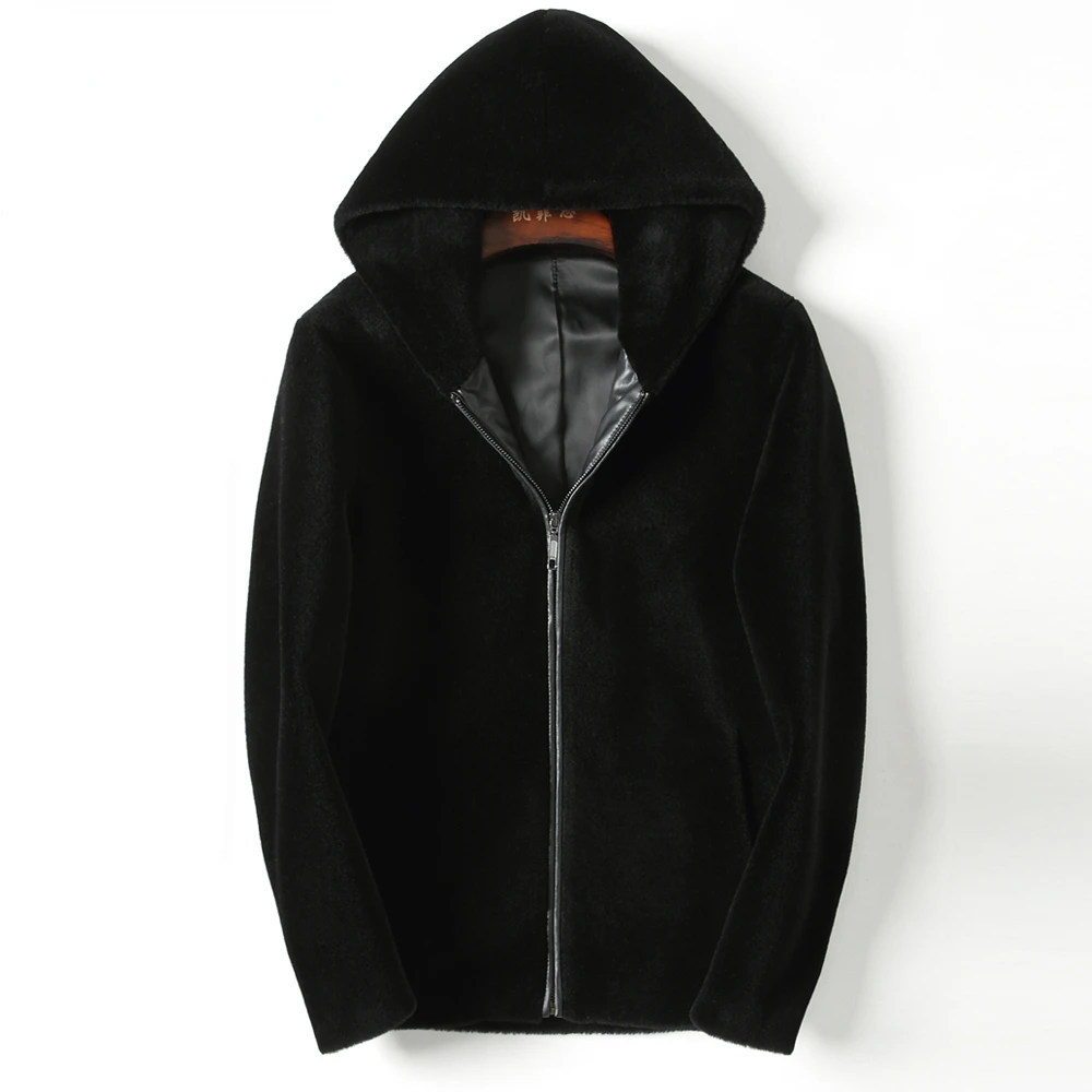 

2022 Men's Autumn Winter New Sheep Shearing Hooded Coats Male Short Genuine Wool Jackets Men Solid Color Warm Outwear A338