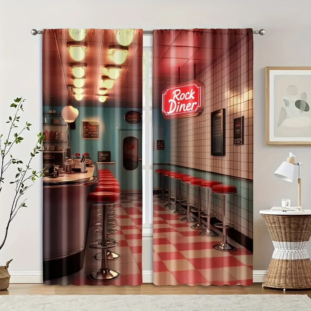 Retro American Diner Neon Sign Blackout Curtains - Vintage 50s Restaurant Print Window Drapes for Kitchen Cafe Decor
