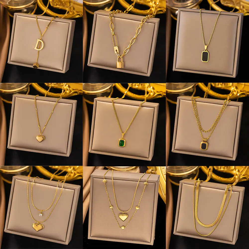Women's Gold Color Titanium Steel Necklace, Multi-layer Snake Chain Heart Lock Clover Pendant Necklace, Waterproof Jewelry Gift