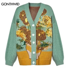 Retro Van Gogh Blue Cardigan Sweater Button Coats Y2K