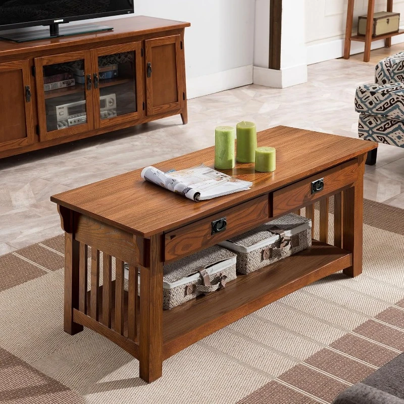 Impeccable Coffee Table for Living Room, Two Drawers and Shelf, Made with Solid Wood, Medium Oak Finish