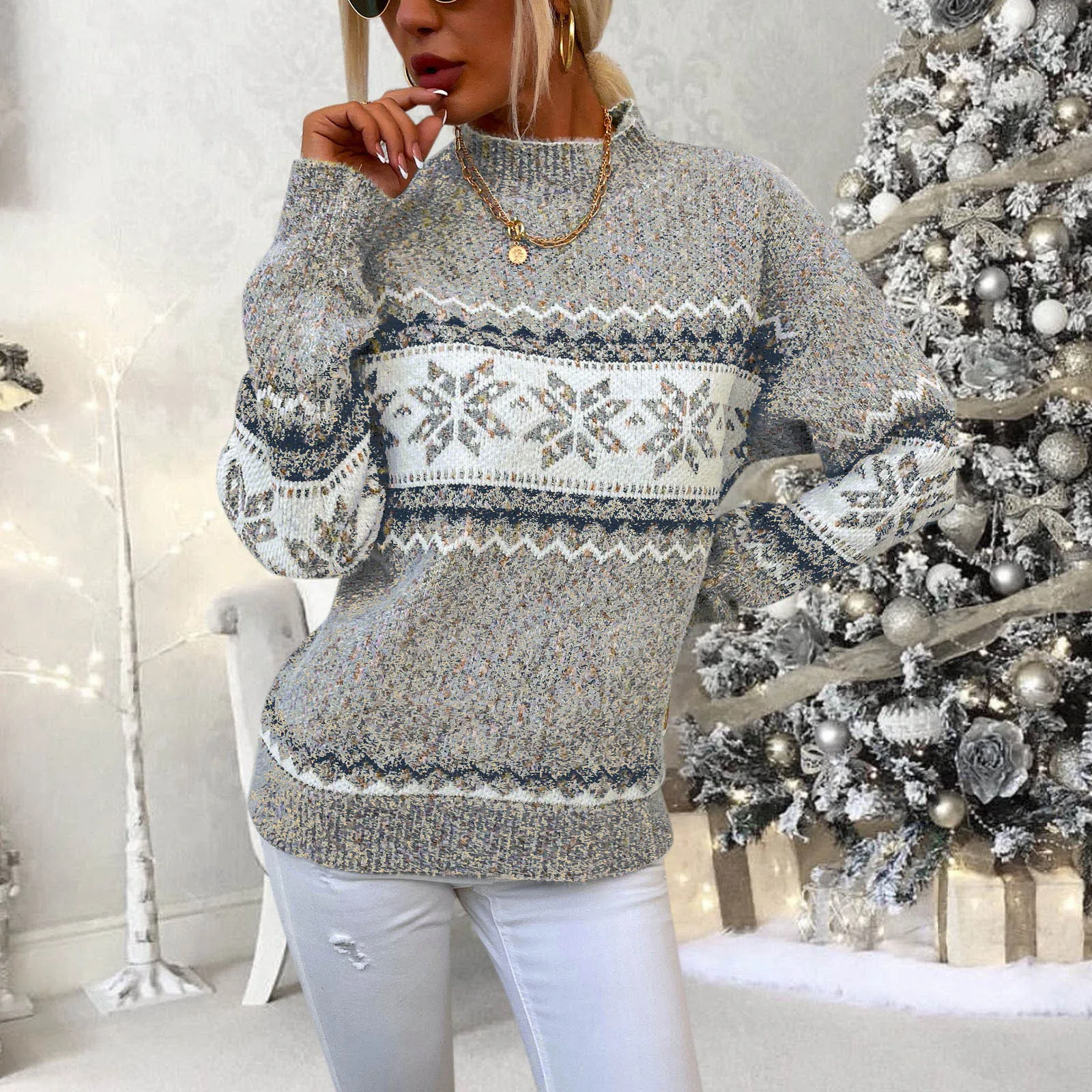 Femme 2024 Fall Winter Snowflake Pattern Christmas Sweater Women Round Neck Long Sleeve Elegant Female Knit Pullover Tops