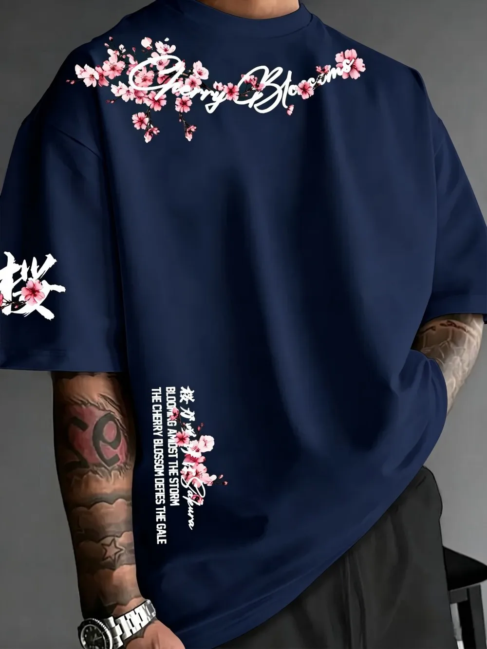 American men's summer personalized cherry blossom letter print comfortable and breathable round neck T-shirt outdoor street top