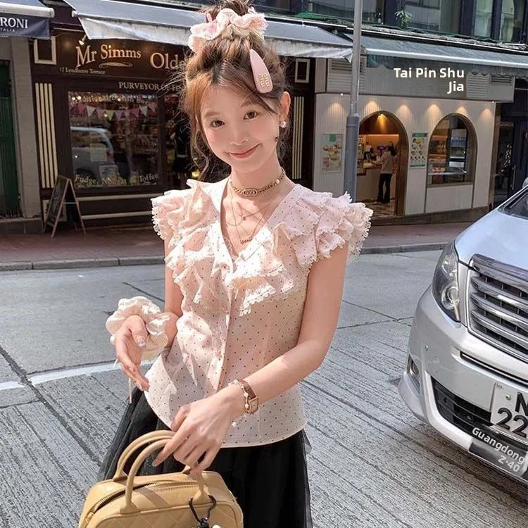 Pink Lace Trim Shirt Slimming Top Design Summer Short Sleeve Pleated Waistband Polka Dot Slimming Blouse Casual Style Women's...