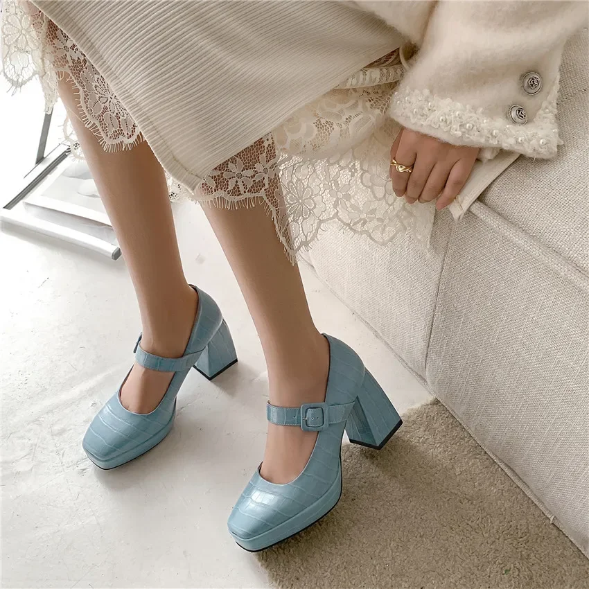 Women Platform Mary Janes Square Toe Yellow Blue Black Crocodile Print High Block Heel Office Party Dress Spring Fall Lady Pumps