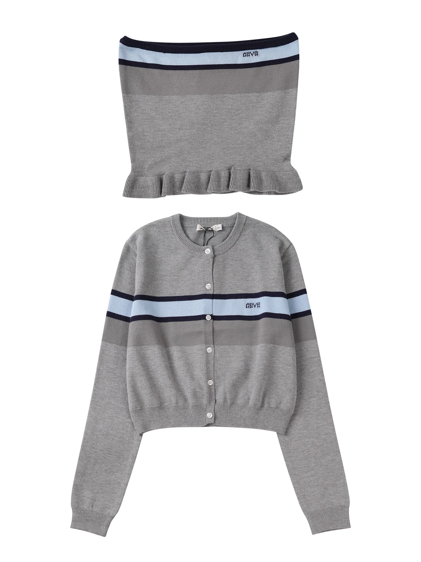 

Korean Style Striped Short Knitted Open Cardigan Women's Girl Feel Ruffle Trim Tube Top Two-Piece Set Color Block Design Soft...