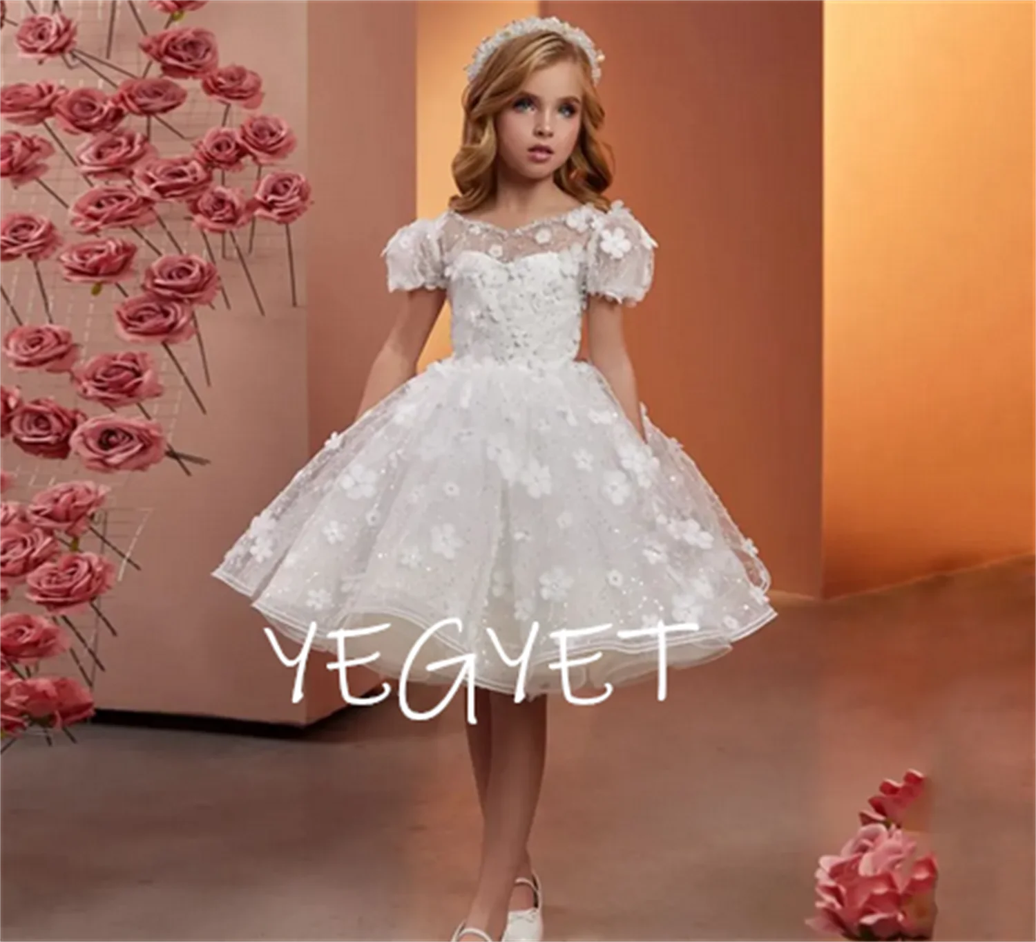 Flower Girls Dress For Party And Wedding Short Puff Sleeves 3D Flowers Lace Pageant Dresses Kids Birthday Gown