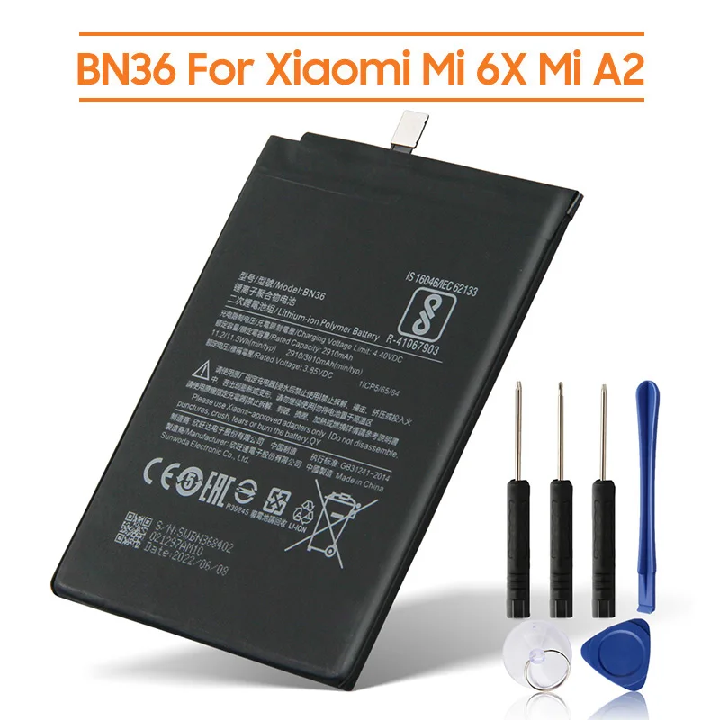 Replacement Battery BN36 For Xiaomi Mi 6X MiA2 Mi A2 Rechargeable Phone Battery 3010mAh