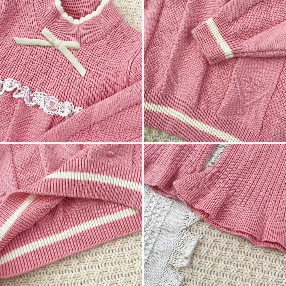Süßes Rosa Mädchen-Strickoutfit, 2-teilig, Spitze, Schleife, Langarm-Pullover, Schlaghose, Koreanisches Herbst- und Winter-Kinderbekleidungsset 2-6 Jahre – Detail 14
