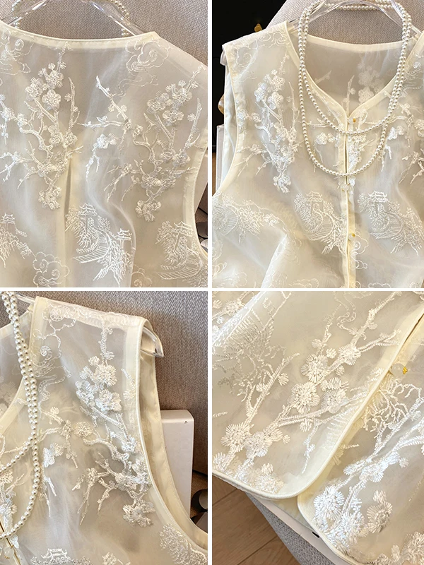 새로운 중국 스타일 자수 꽃 조끼 여성 여름 야외 고급 경량 럭셔리 민소매 탑 출퇴근 스타일