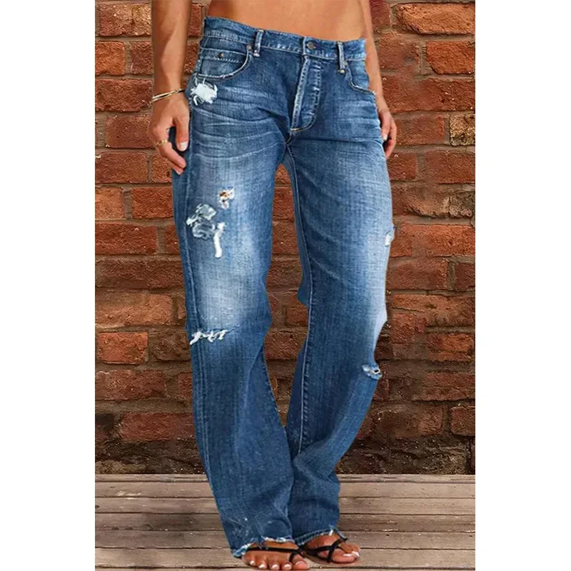 Jeans hose Capris 2023 Frauen zerrissen Vintage mittlere Taille gerade weites Bein Hosen Jeans lange Hosen Arbeit Sommer blaue Jeans Capri hose