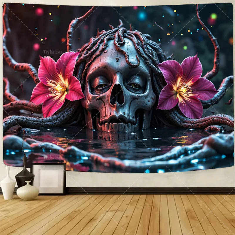 

1pc Wall Tapestry Gothic Skull with Pink Flowers Tapestry - Dark Fantasy Art Wall Hanging