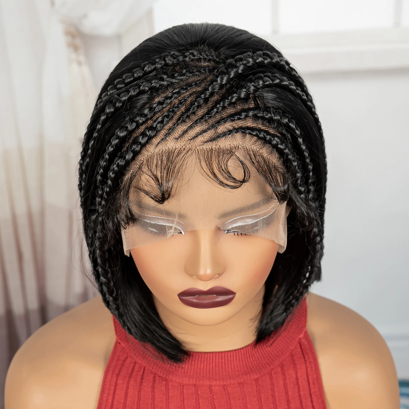 12inch Cornrow Braided Bob Wigs 13x4 Transparent Lace Frontal Synthetic Short Natural Straight Wigs with Braids for Black Women