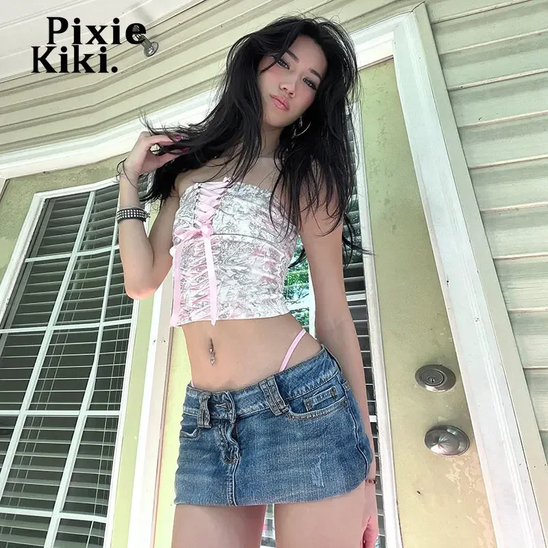 PixieKiki Y2k Summer Tops Cute Sexy Lace Up Crop Top Pink Asthetic Clothes Women Abstract Print Strapless Tanks P71-BE12