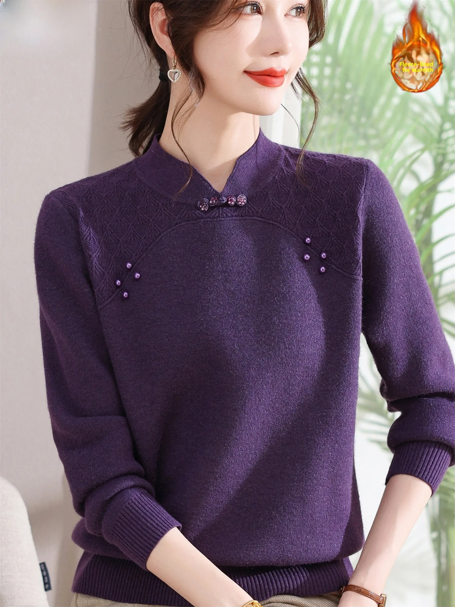 

Warm Fce Lined Knitted Base irt Women's Collar One-Piece Velvet Woolen Top for Middle-Aged And ly Ladies