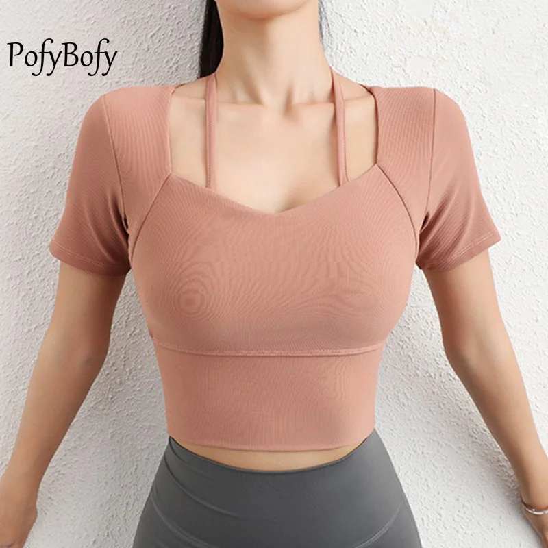 PofyBofy Detachable Chest Pad Halter V Neck Slim Fit Widen Waistband Short Sleeve Shirt Seamless Yoga Fitness Workout Daily Top