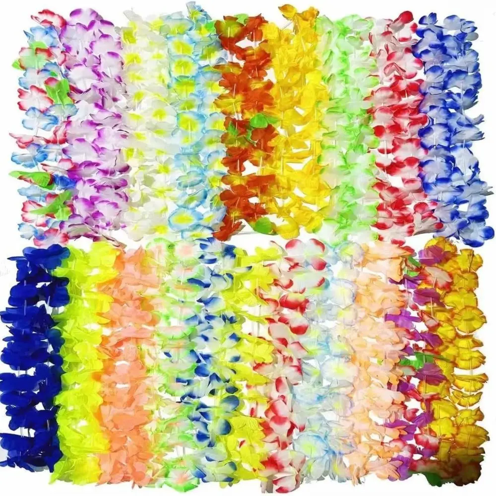 

24/50/100Pcs Colorful Hawaiian Leis Vibrant Reusable Tropical Theme Leis Artificial Beach Holiday Faux Flower Garland Necklace