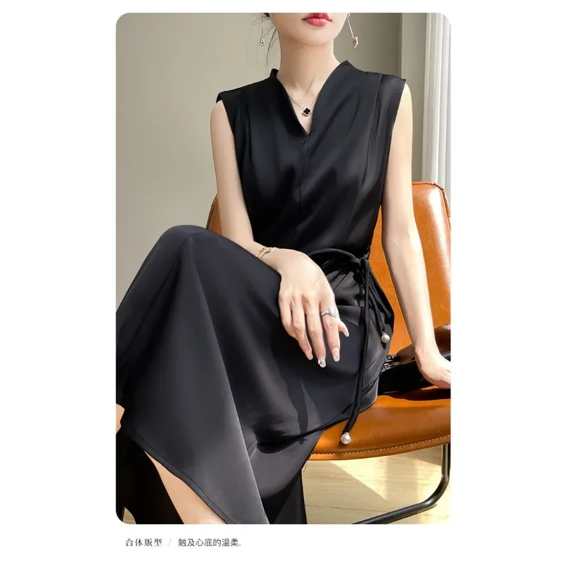 夏の女性のサテンシルクドレスノースリーブアセテートハイウエストロングドレス V ネックレースアッププルオーバー A ラインパーティーイエロードレス