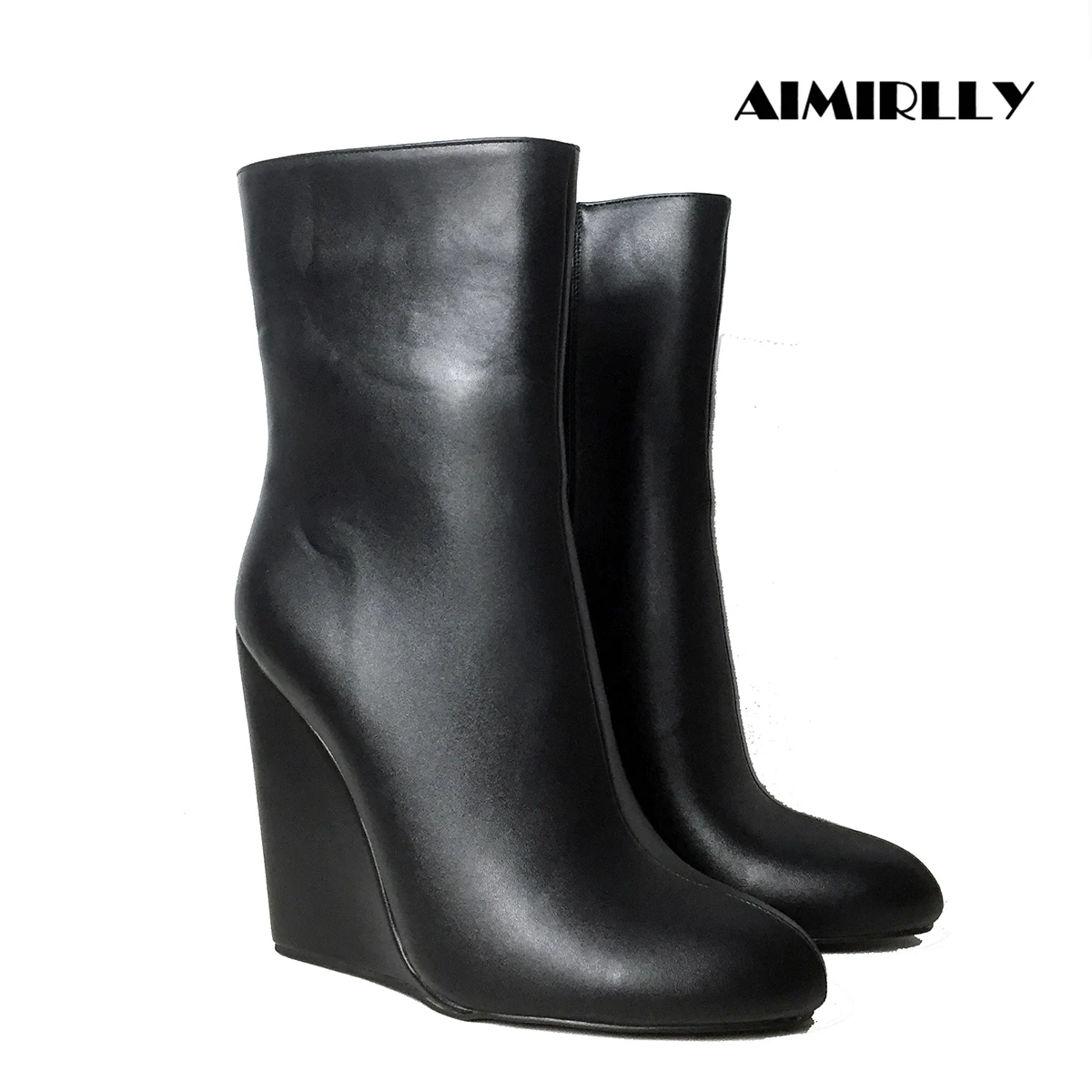 Women Black Round Toe Wedge Mid Calf Boots High Heel Booties