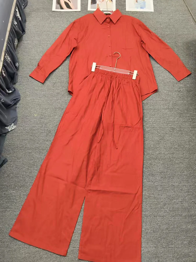 

Design Lapel straight-leg shirt two-piece set for 2025 Autumn women's wear + elastic waist loose straight-leg pants fashion set