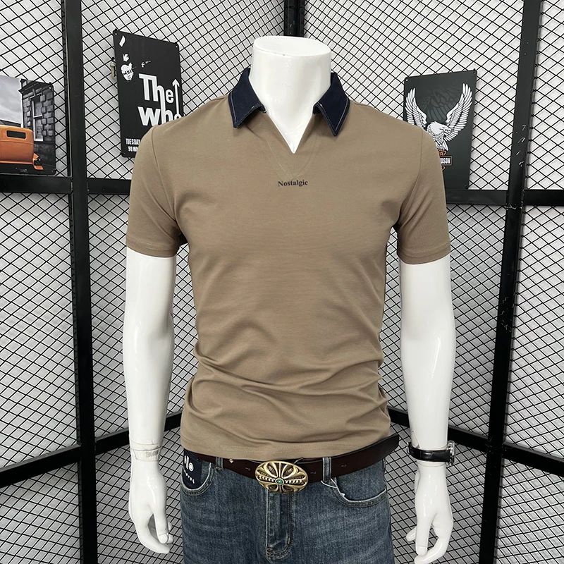 

Мужская летняя футболка-поло с V-образным вырезом, новинка, американский стиль, высокое качество, свободный крой, простая повседневная футболка с коротким рукавом, мужская одежда