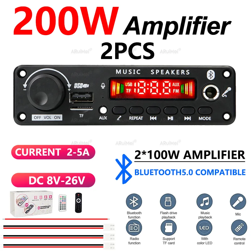 2PCS Complete 200W Stereo Amplifier Kit: Bluetooth 5.0, Remote, Case, Box. DC 8-26V for Powerful Car Audio & Home Theater Sound