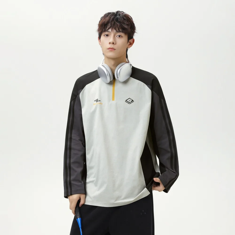 

Summer Male Fashion Outdoor Sports Long Sleeve T-Shirt Men's Color Block Zipper Mountain Climbing Hiking Breathable T-Shirt