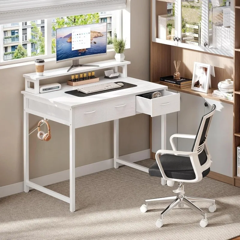 

Small Computer Desk with Drawers, Office Desk with Monitor Stand for Small Spaces, Home Office desks