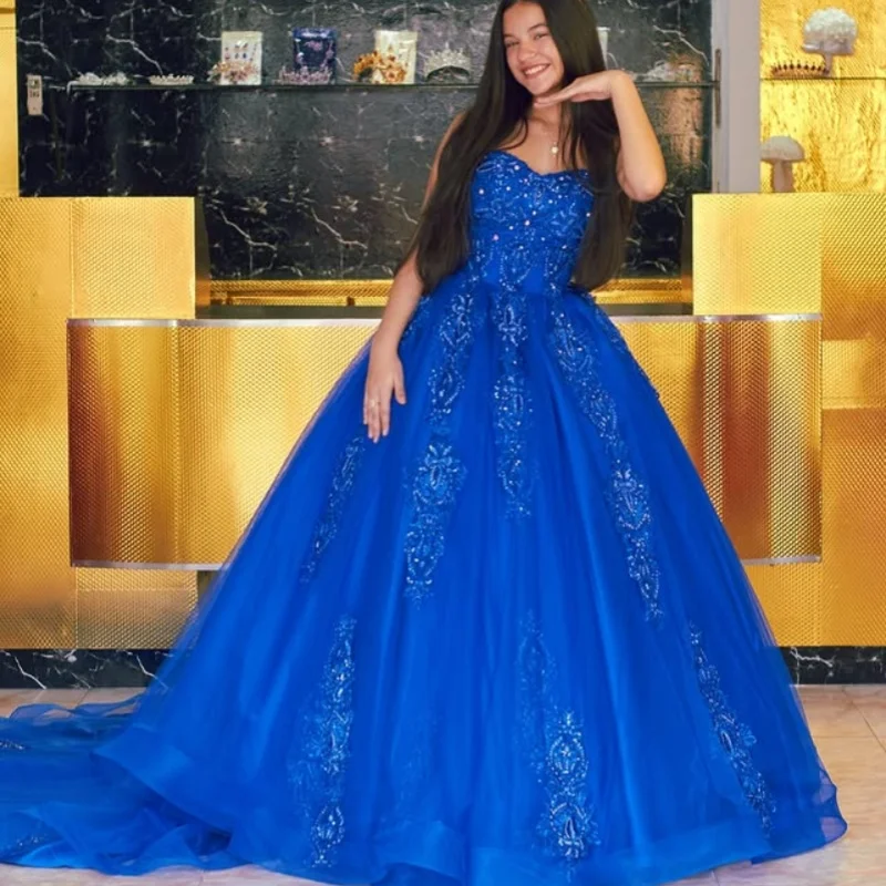 

Customized royal blue Quinceanera Dresses Off the Shoulder crystal decal Lace Tull Long tail Vestido 15 Quinceanera