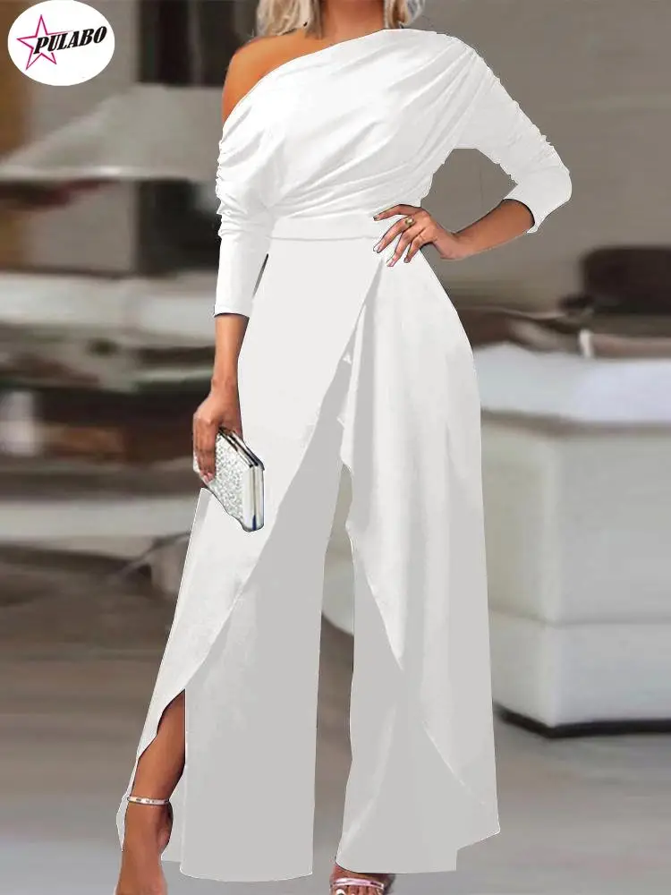 

PULABO Elegant Jumpsuits Women Spring New Ruched Cold Shoulder Sexy Slit Wide Leg Jumpsuit Office Lady solid Party Jumpsuit