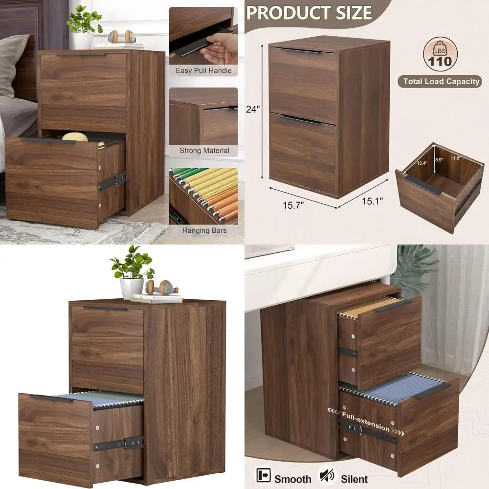 

Letter Size Wood File Cabinet with Hanging Bar, 2 Drawers, Suitable for Home Office, Dark Walnut Finish