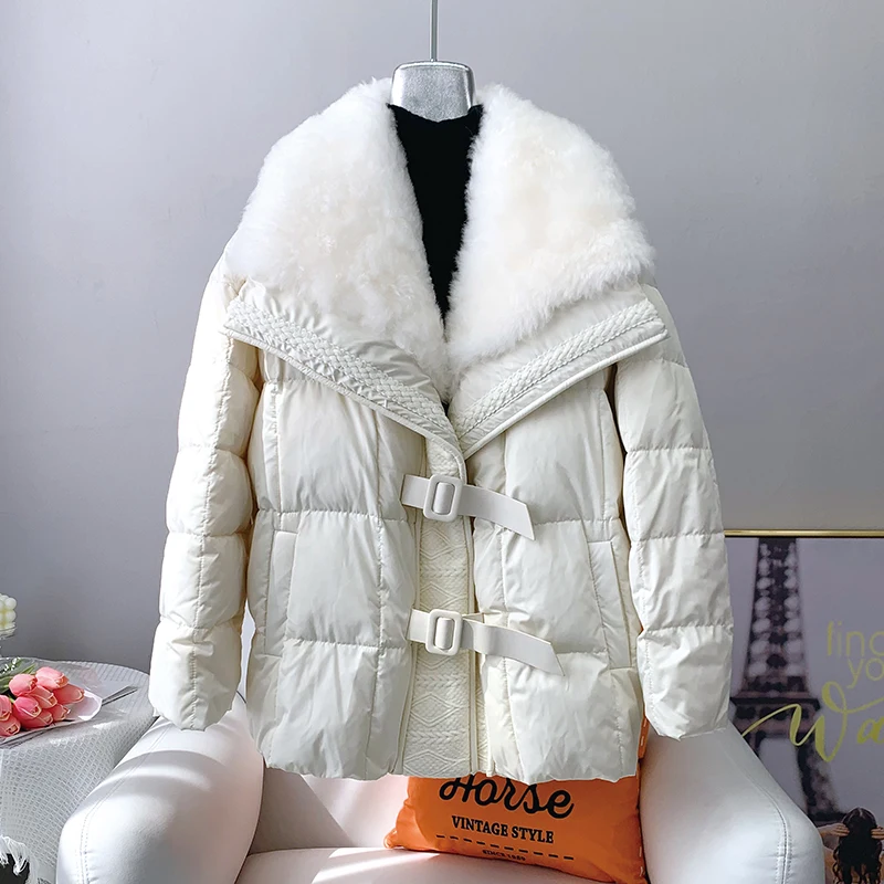 Natural Sheepskin Fur Collar Women Winter Goose Down Jacket Sweet Style Luxury Female Coats Streetwear