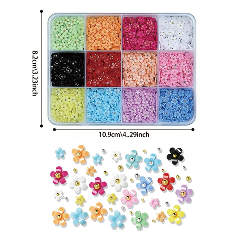 12-Piece Boxed Multicolor Flower Nail Art Decorations, Cute Mixed Petal and Bead Accessories, Ideal for DIY Nail Art, Essential